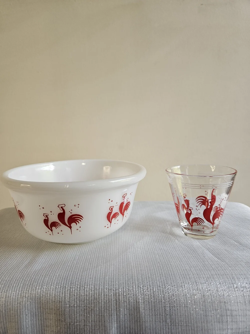 Hazel Atlas Milk Glass Bowl & Glass Tumbler In Red Rooster Pattern